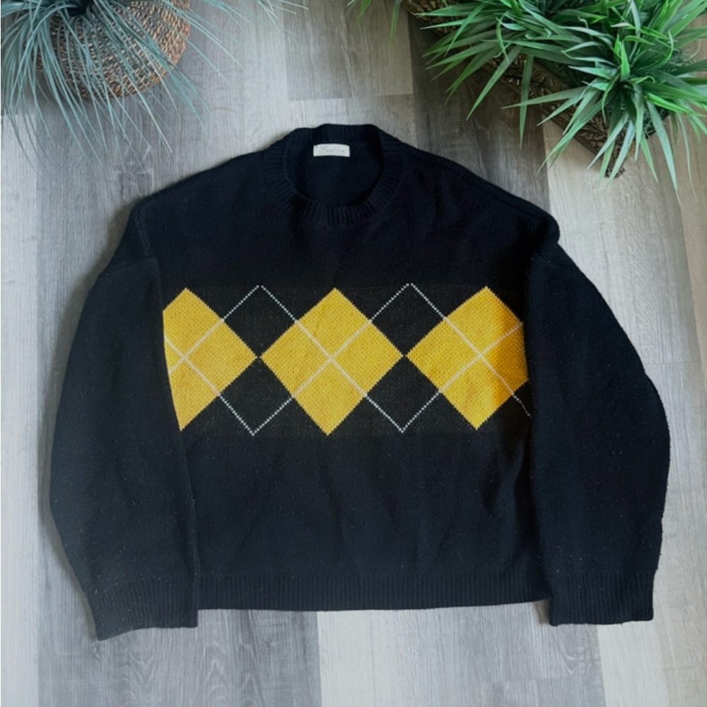 Vintage Black Argyle Knit Sweater Yellow Diamond Preppy Pullover Men Size L